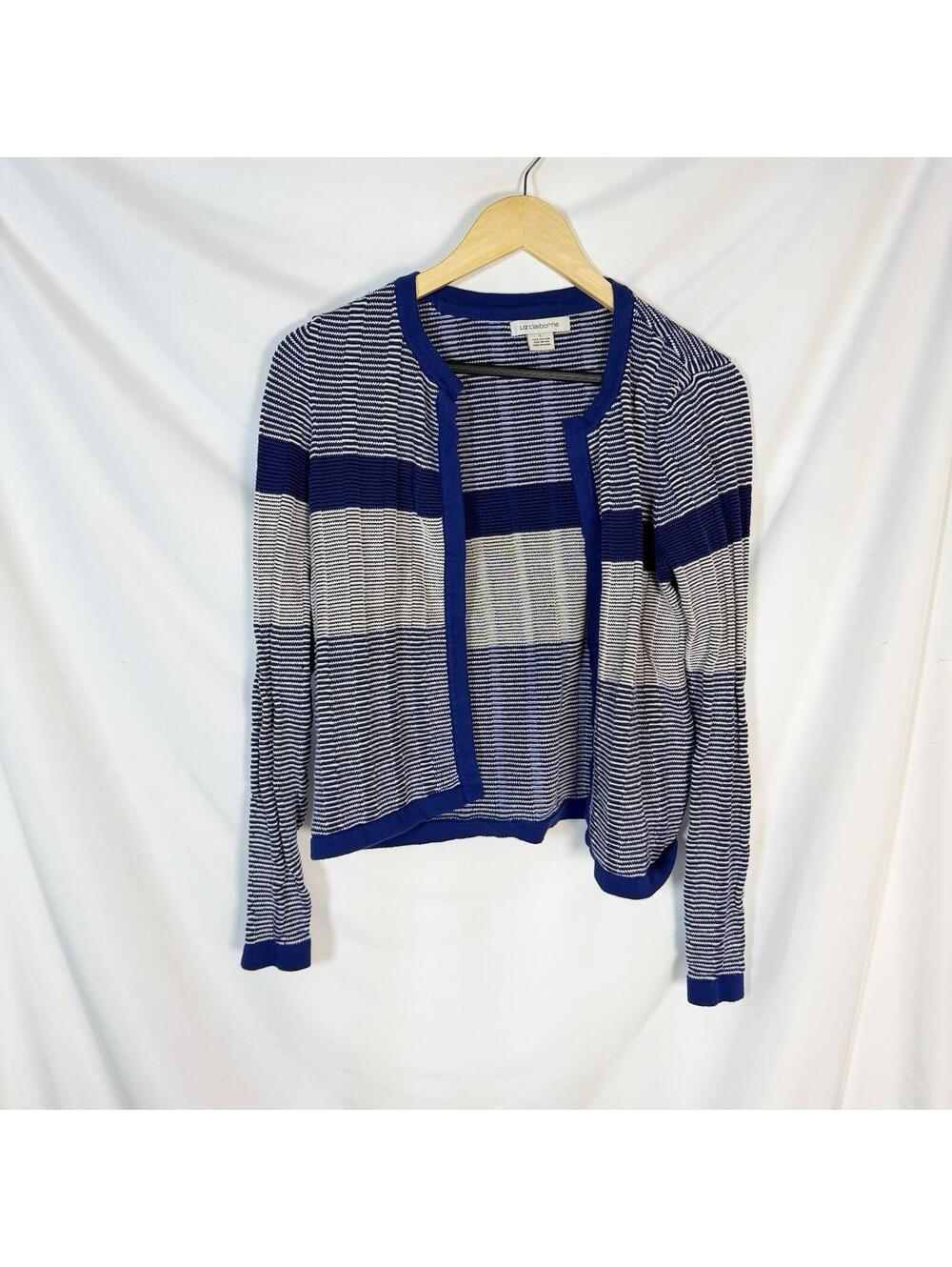 Liz Claiborne Women’s Open Front Cardigan Sweater Size L Ribbed Blue Striped